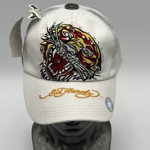 Don Ed Hardy White Snapback Hat Embroidered Tiger Embellished with Rhinestones